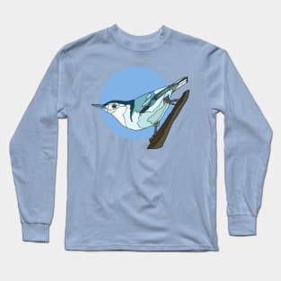 White Breasted Nuthatch on Blue Long Sleeve T-Shirt